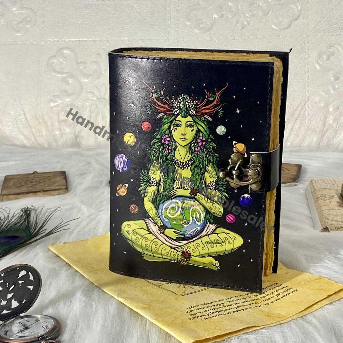 Mother Earth Leather Journal: Handmade Spell Book with Lock & Deckle Edge Paper