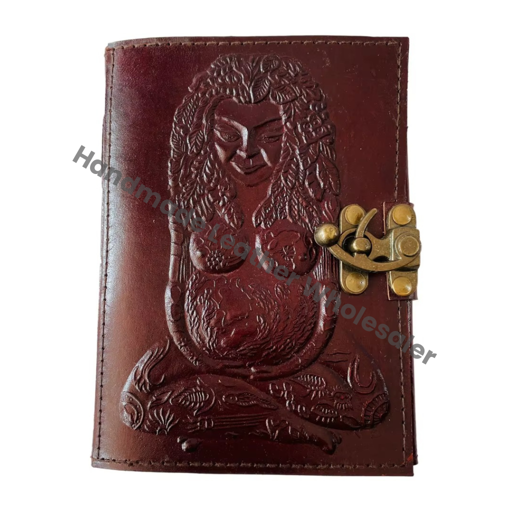 Mother Earth Vintage Leather Address Book Celtic Wiccan Writing Prop Brown Handmade Embossed Deckle Edge Eco-friendly Paper Gift
