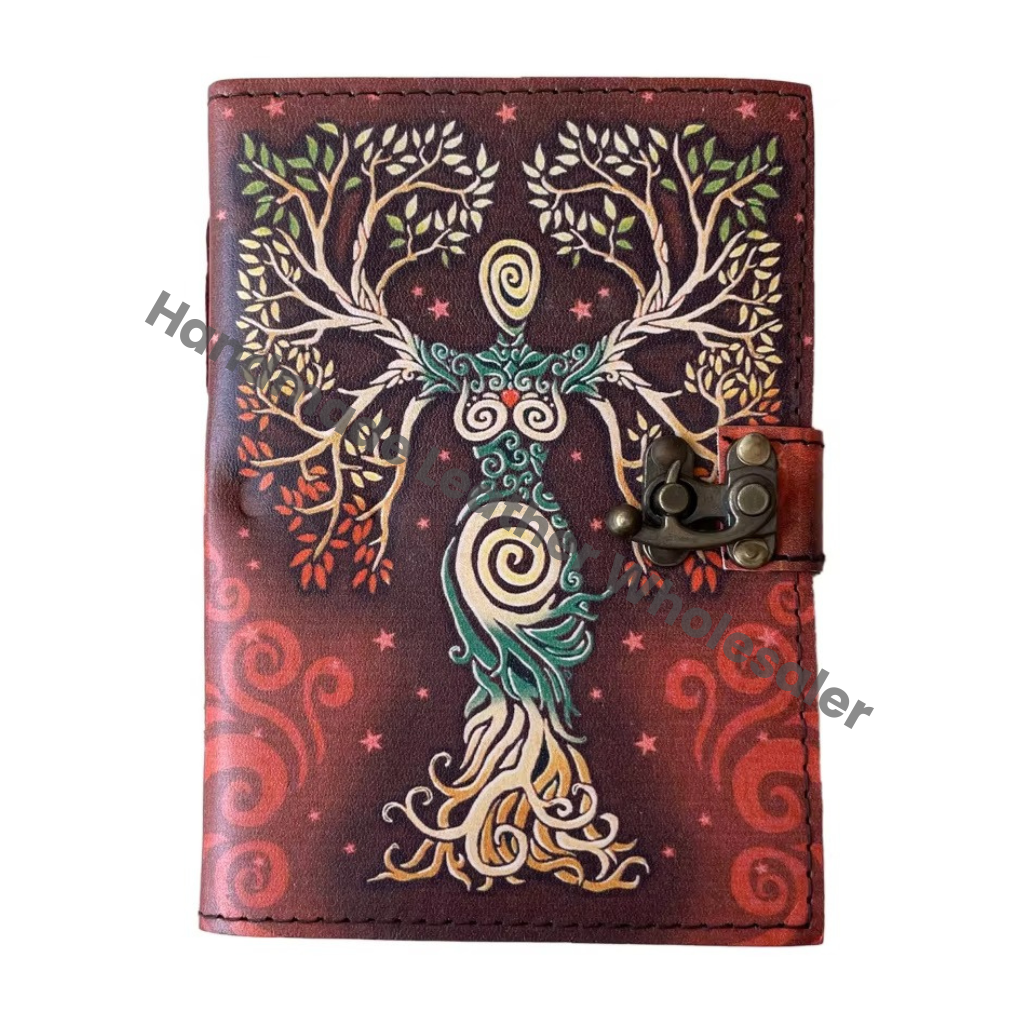 Mother of Earth Leather Journal Retro Collage Design Man Tree of Life Handmade Cotton Vintage Paper Notebook Sketchbook Planner