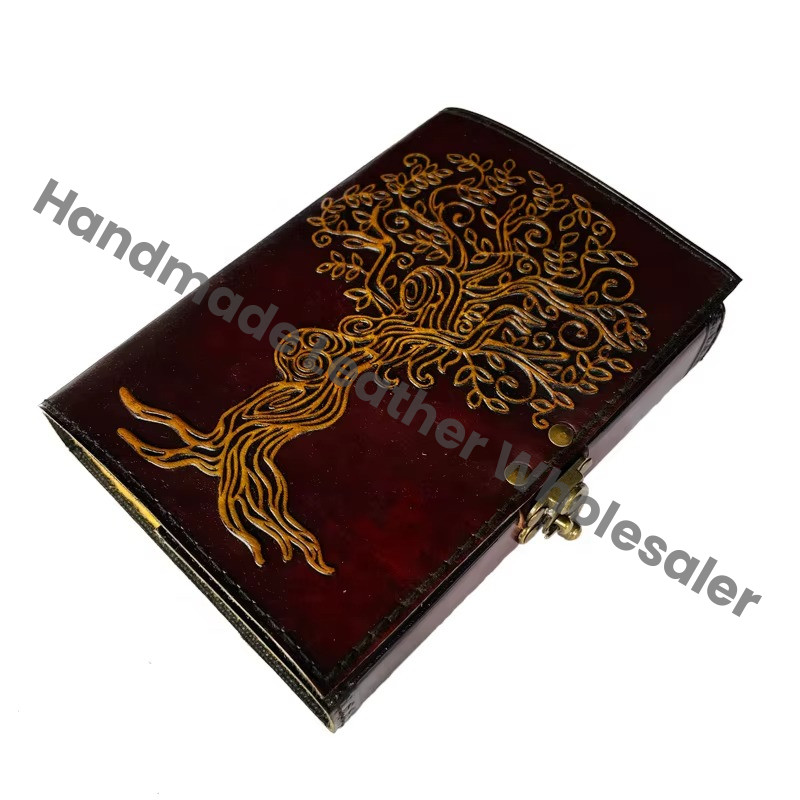 Mother Tree Pregnant Women Gift Hardcover Recycled Leather Notebook with Owl Design Vintage Decor Yellow Brown Deckle Pages