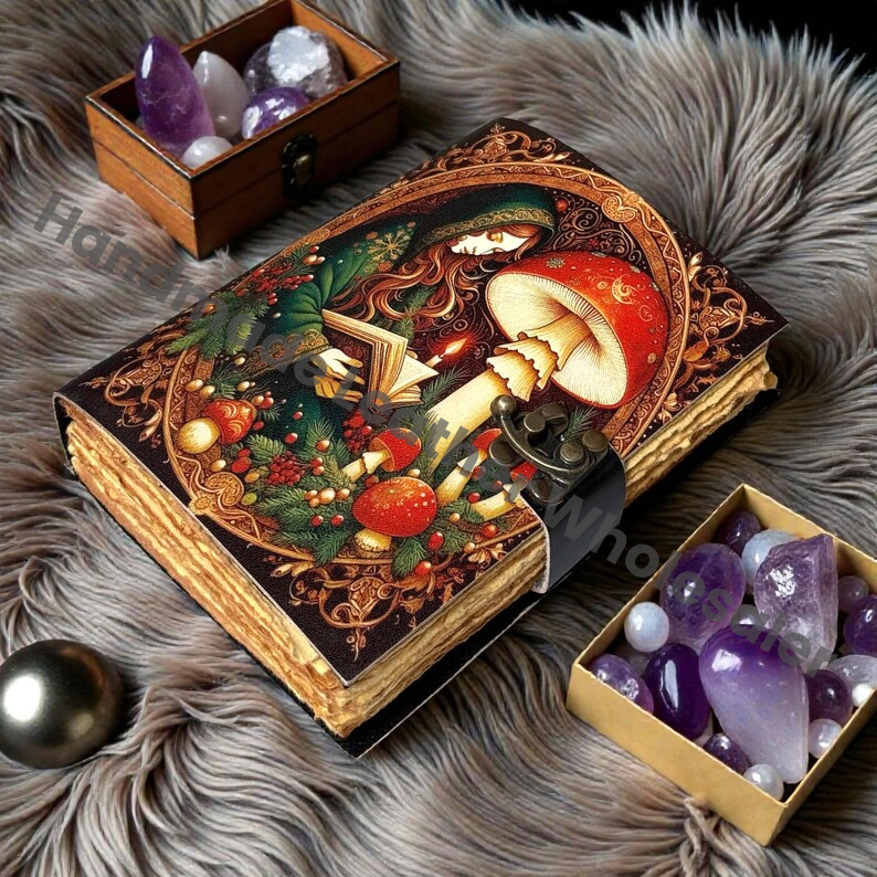 Mushroom Leather Grimoire journal – Wiccan Pagan Journal Blank Spell Book of Shadows -Vintage Deckle Edge Paper
