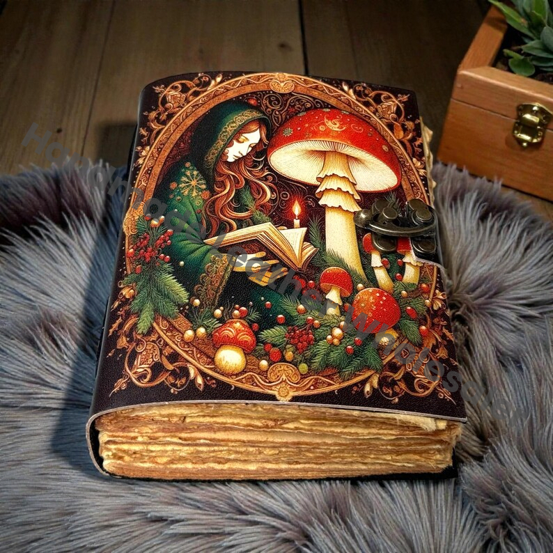 Mushroom Leather Grimoire journal – Wiccan Pagan Journal Blank Spell Book of Shadows -Vintage Deckle Edge Paper