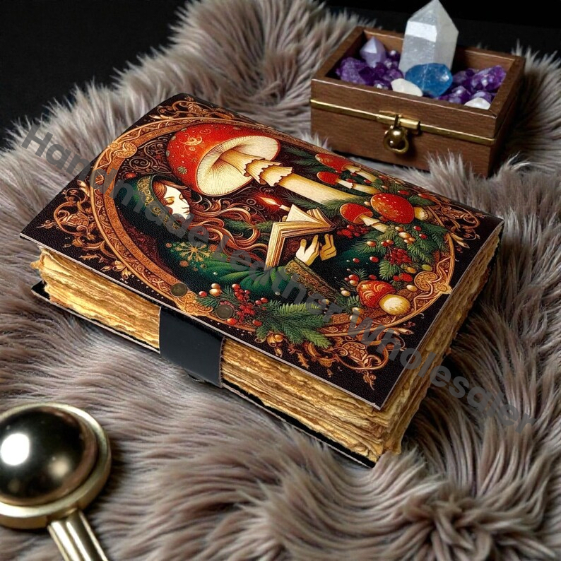 Mushroom Leather Grimoire journal – Wiccan Pagan Journal Blank Spell Book of Shadows -Vintage Deckle Edge Paper