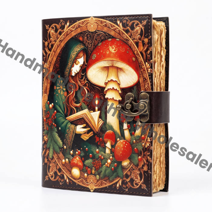 Mushroom Leather Grimoire journal – Wiccan Pagan Journal Blank Spell Book of Shadows -Vintage Deckle Edge Paper
