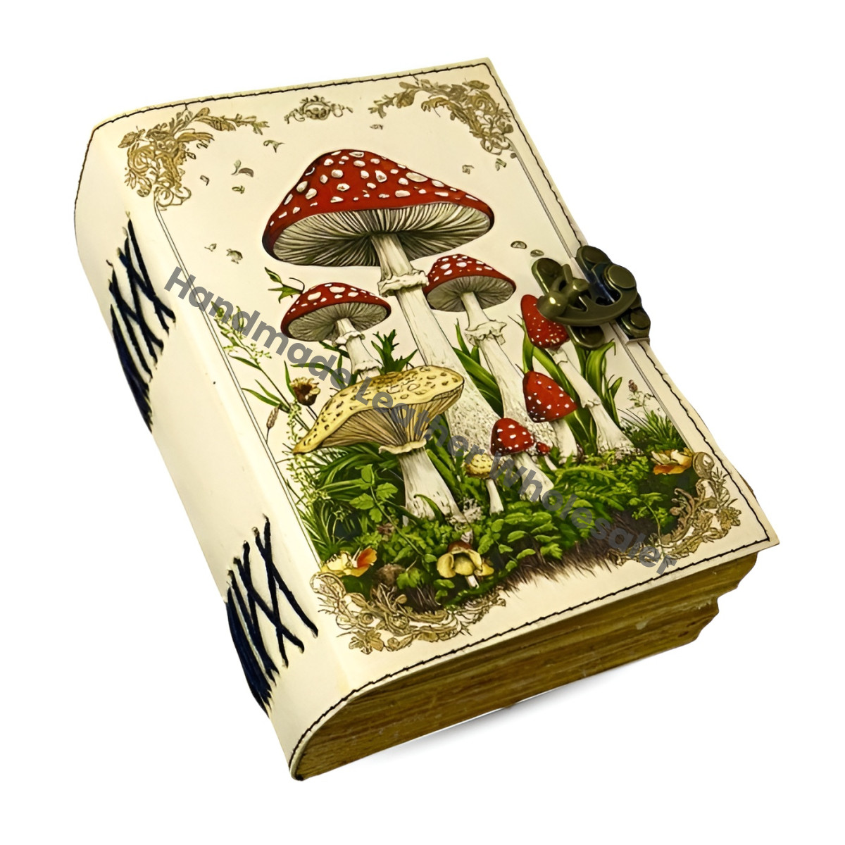 Mushroom Leather Grimoire – Wiccan Book of Shadows, Witchcraft Spellbook, Vintage Lock Gothic Pagan Journal, Witchy Magic Gift