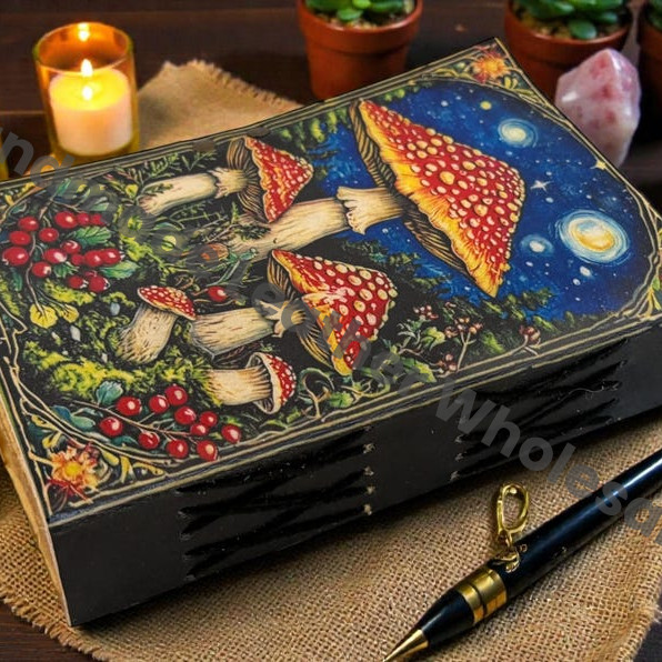 Mushroom Leather Grimoire – Wiccan Pagan Journal Blank Spell Book of Shadows -Vintage Deckle Edge Paper