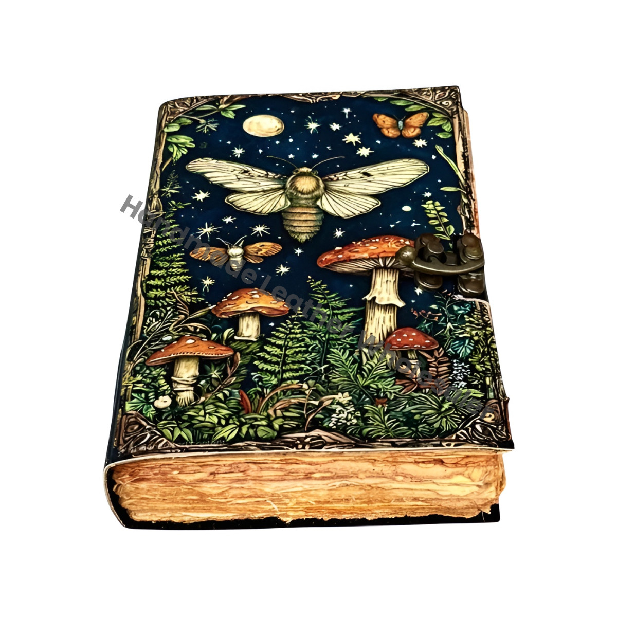 Mushroom Leather Journal, Antique Deckle Edge Paper, Wiccan Spell Book