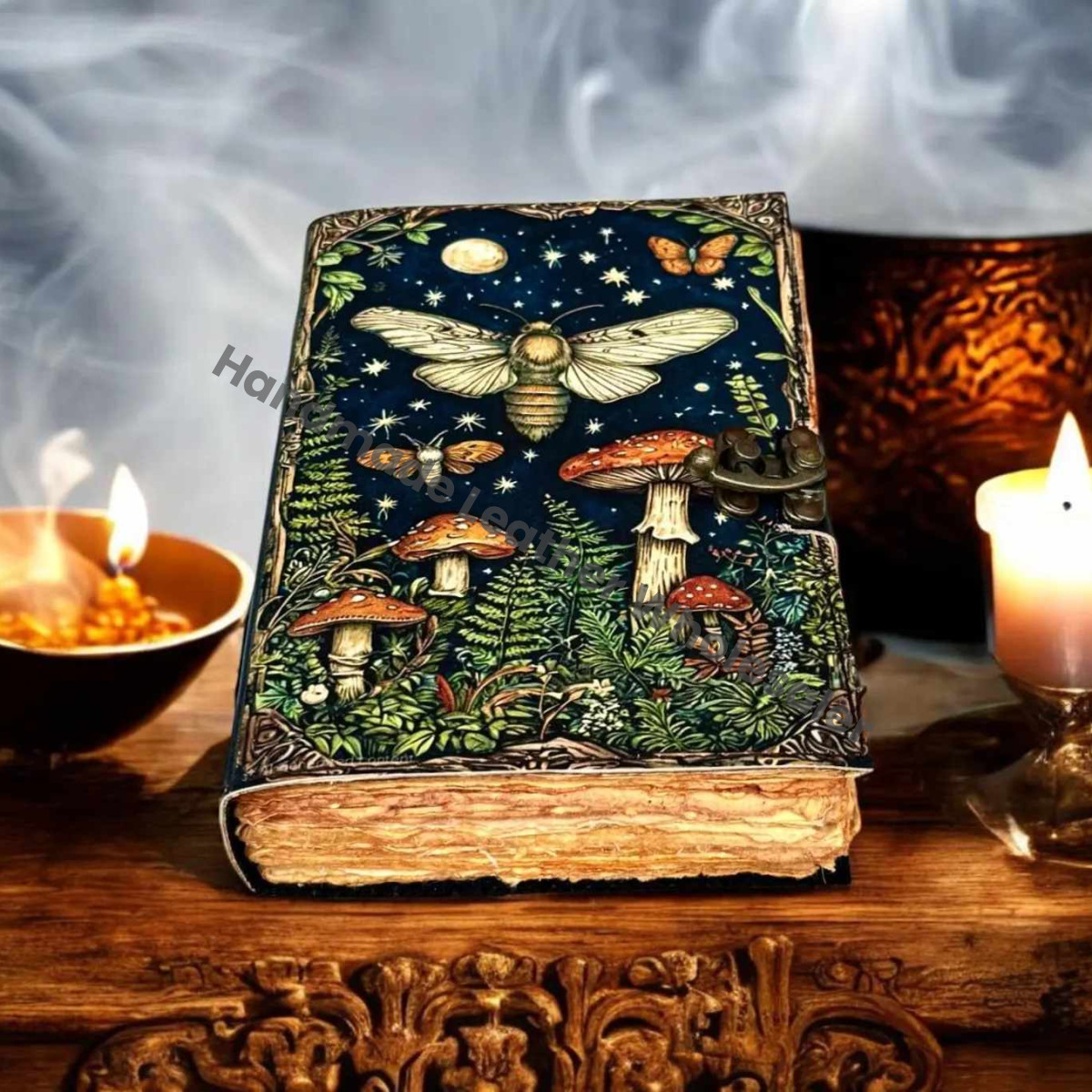 Mushroom Leather Journal, Antique Deckle Edge Paper, Wiccan Spell Book