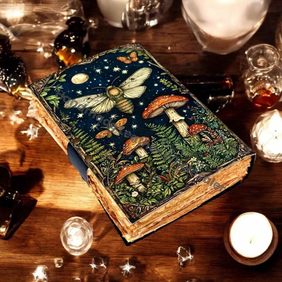 Mushroom Leather Journal, Antique Deckle Edge Paper, Wiccan Spell Book