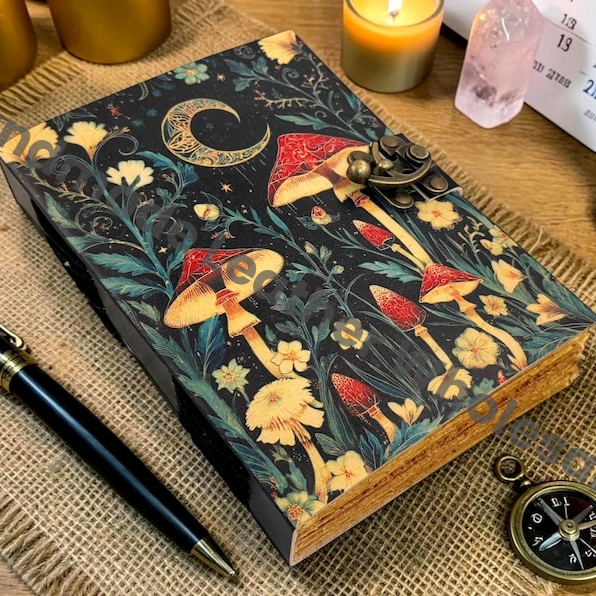 Mushroom Leather Journal With Handmade Deckle Edge Paper Personalized Gift Blank Spell Book of Shadows Wiccan Pagan Gift for Him