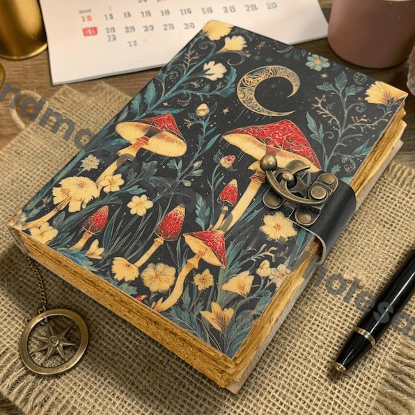 Mushroom Leather Journal With Handmade Deckle Edge Paper Personalized Gift Blank Spell Book of Shadows Wiccan Pagan Gift for Him
