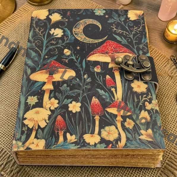 Mushroom Leather Journal With Handmade Deckle Edge Paper Personalized Gift Blank Spell Book of Shadows Wiccan Pagan Gift for Him