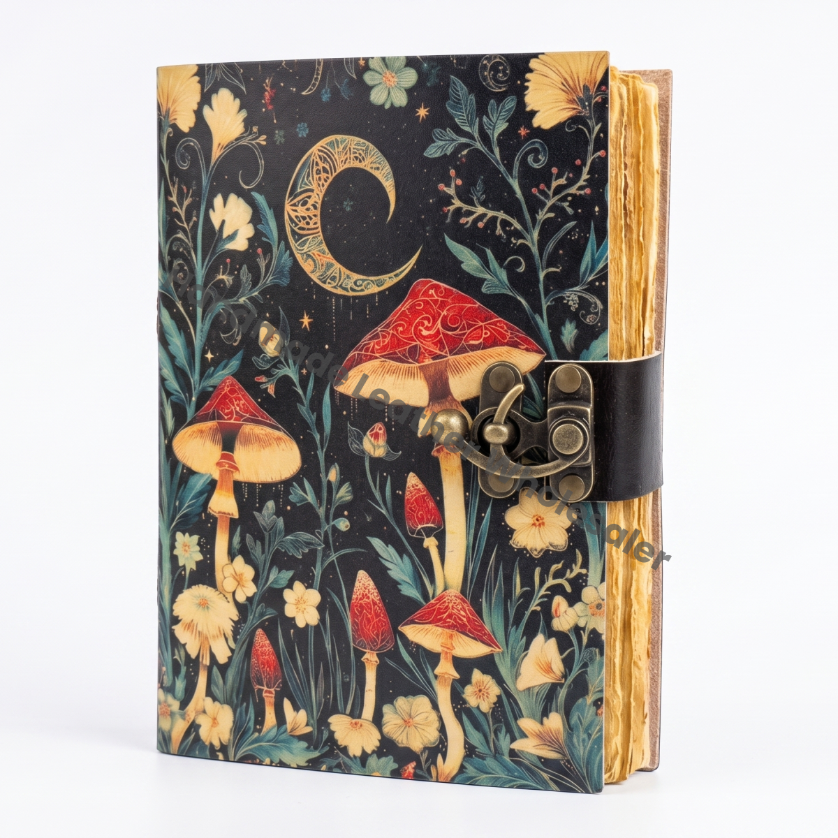Mushroom Leather Journal With Handmade Deckle Edge Paper Personalized Gift Blank Spell Book of Shadows Wiccan Pagan Gift for Him