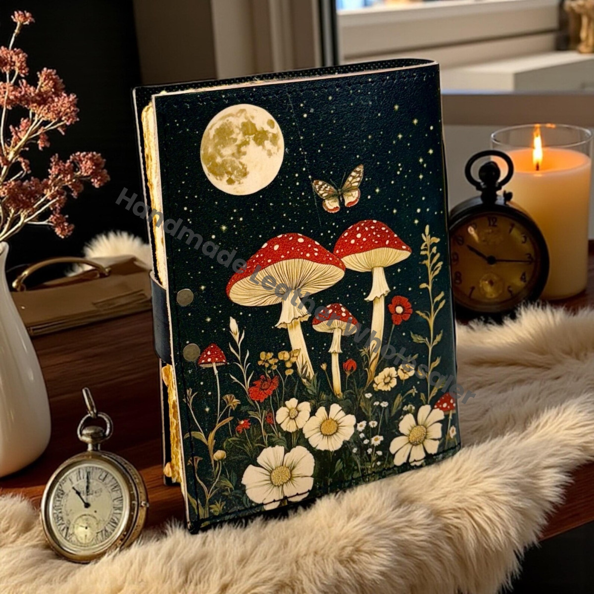 Mushroom Leather Vintage Moon Forest Grimoire Handmade Book of Shadows, Spell book Wiccan Pagan Gothic Magic Diary