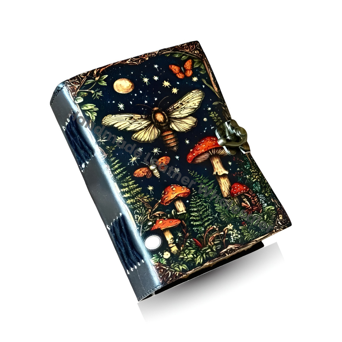 Mushroom & Moth Leather Grimoire Book of Shadows – Handmade Witchcraft Spellbook | Celestial Wiccan Pagan Gothic Occult Diary Gift