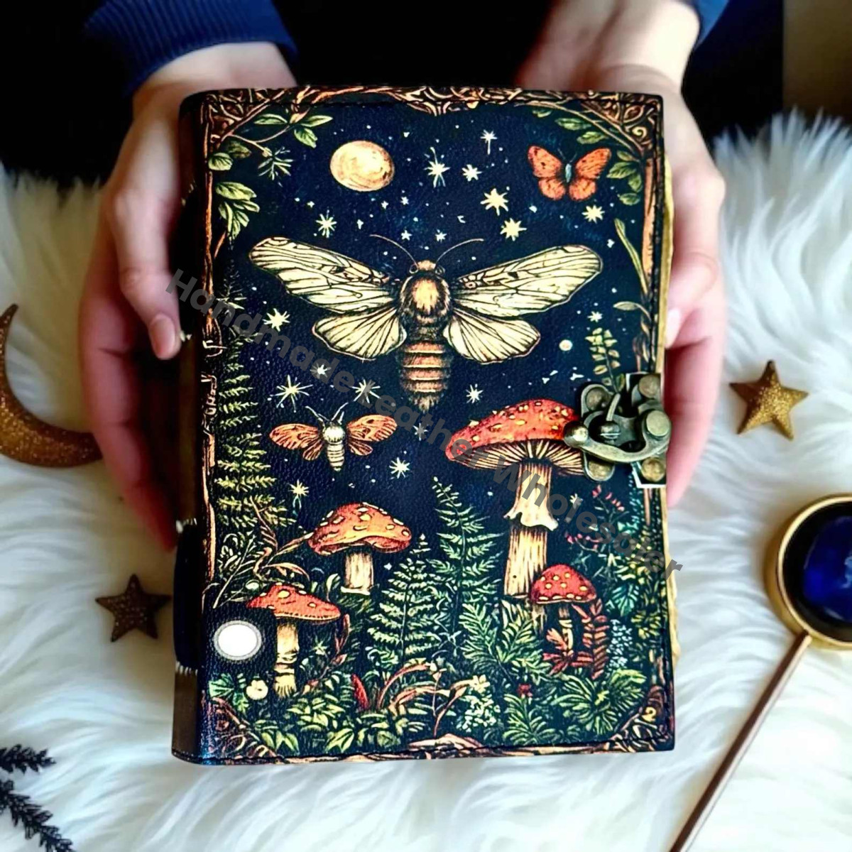Mushroom & Moth Leather Grimoire Book of Shadows – Handmade Witchcraft Spellbook | Celestial Wiccan Pagan Gothic Occult Diary Gift