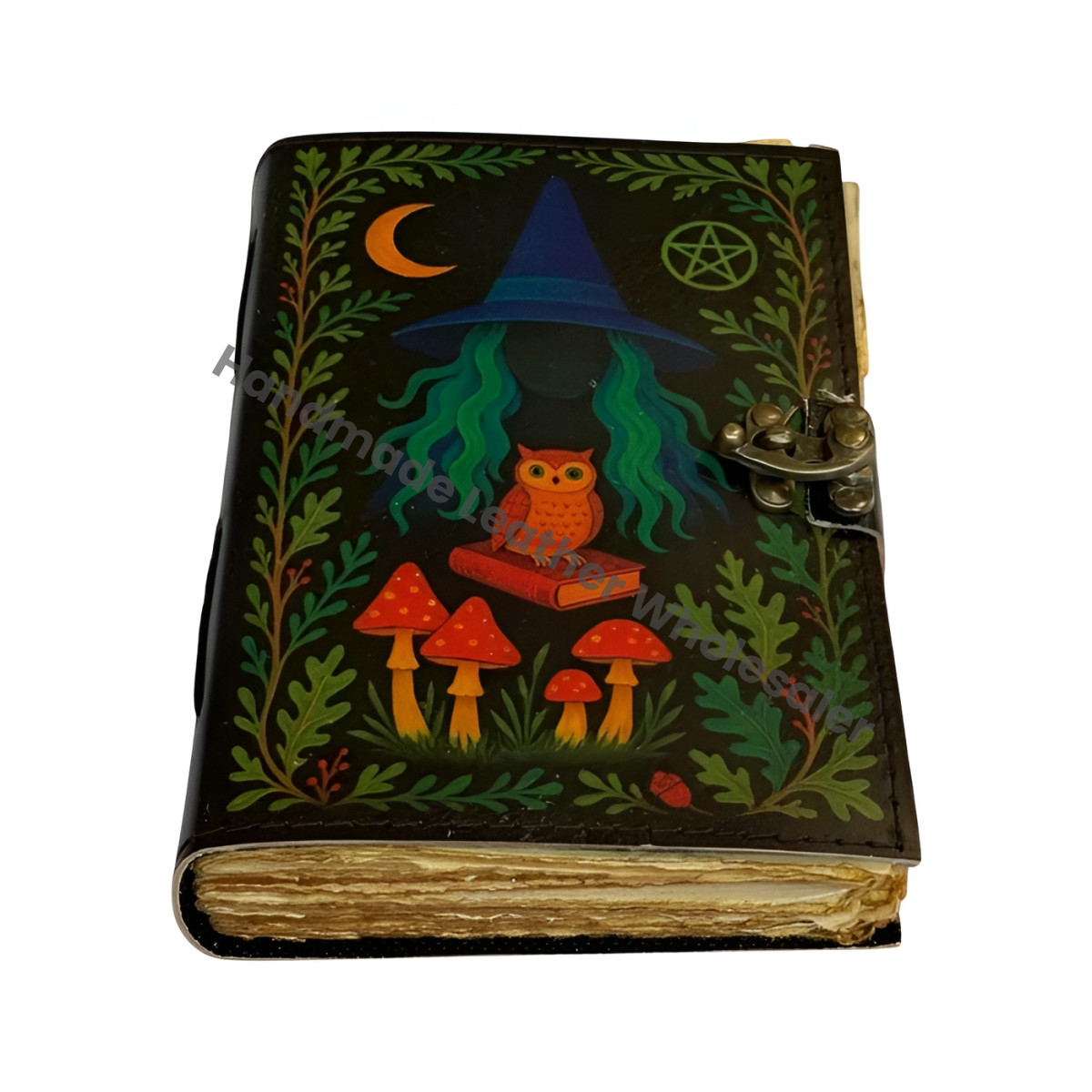 Mushroom Owl Leather Journal: Antique Deckle Edge Paper, Spell Book