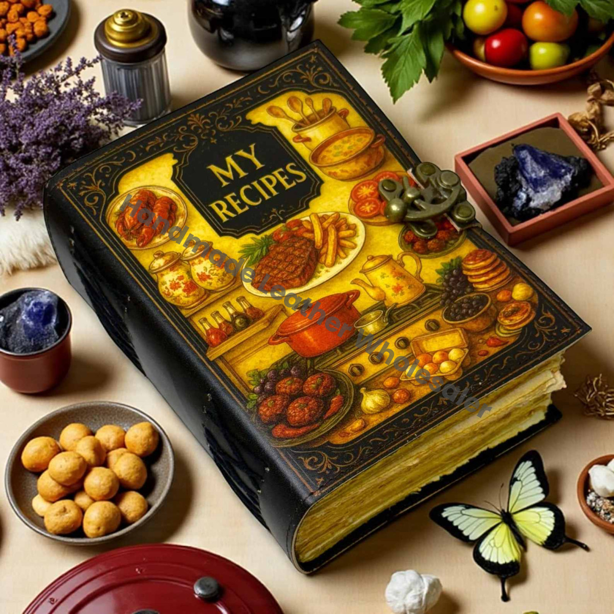 My Recipes Leather Journal – Handmade Blank Cookbook, Vintage Kitchen Notebook, Dessert & Baking Recipe Book