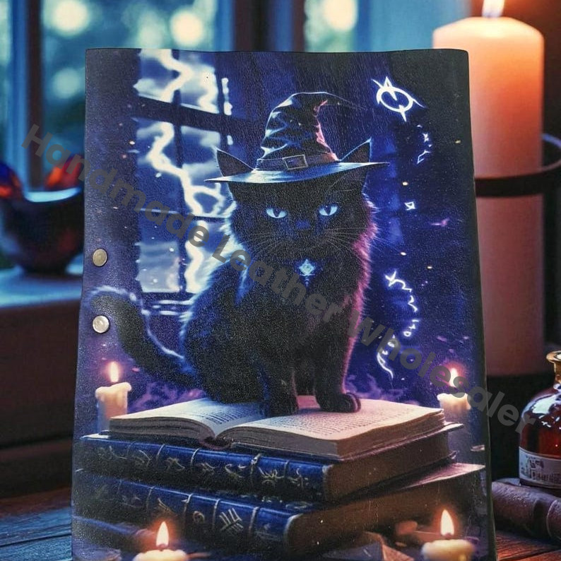 Mystical Black Cat Witch Journal – Leather Notebook with Lock, Vintage Spellbook Grimoire, Witchy Writing Journal for Magic, Dreams.