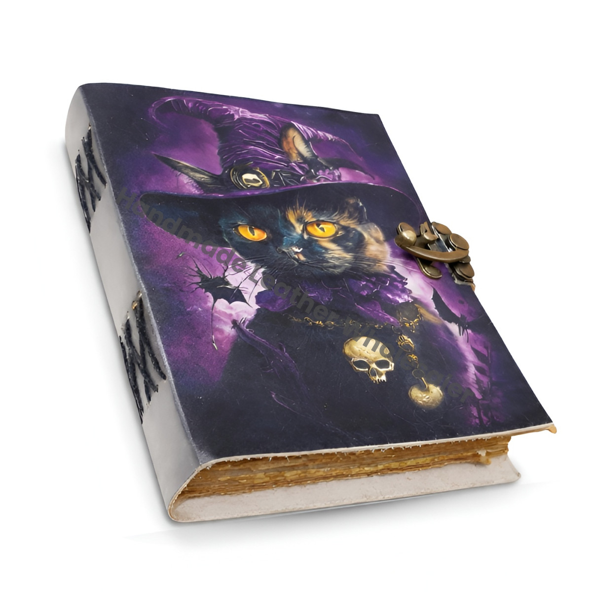 Mystical Black Cat Witch Leather Journal – Vintage Deckle Edge Paper, Locking Spell Book of Shadows, Halloween Gift for Witches.