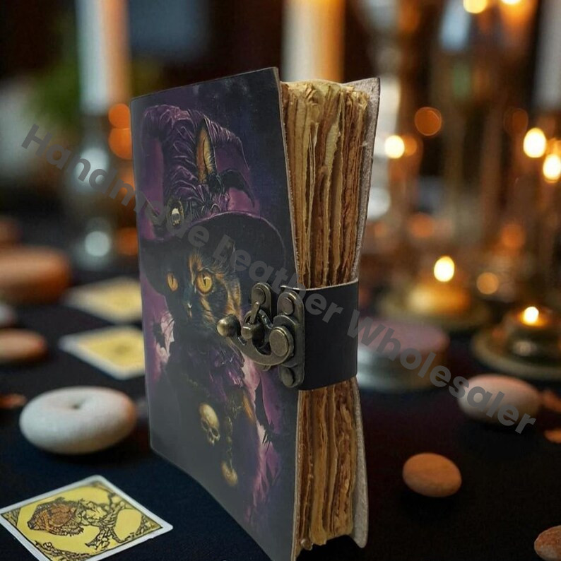 Mystical Black Cat Witch Leather Journal – Vintage Deckle Edge Paper, Locking Spell Book of Shadows, Halloween Gift for Witches.