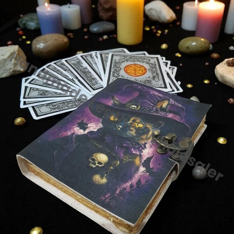 Mystical Black Cat Witch Leather Journal – Vintage Deckle Edge Paper, Locking Spell Book of Shadows, Halloween Gift for Witches.