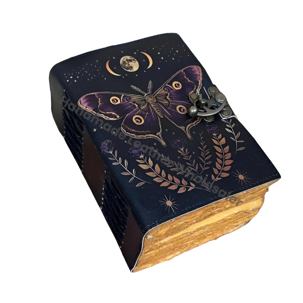 Mystical Moth Leather Journal – Moon Phase Notebook, Witchy Gift, Vintage Handmade Diary