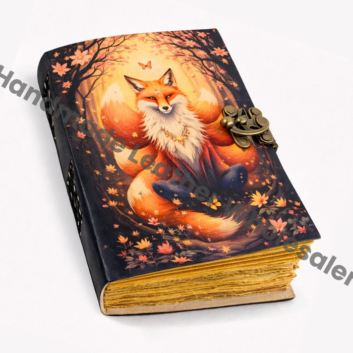 Nine-Tailed Fox Leather Grimoire Journal – Handmade blank Spell Book with Lock