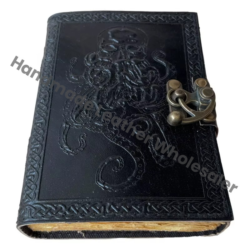 Octopus Leather Hardcover Journal Antique Embossed Lock Black Guest Book Handmade Recyclable Handmade Paper Gift Women Personal