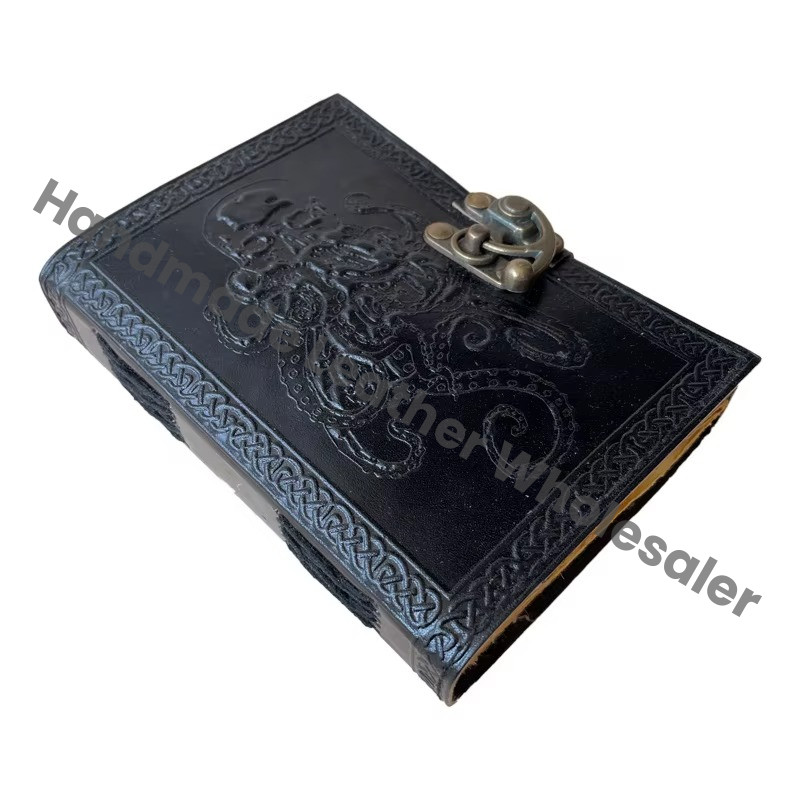 Octopus Leather Hardcover Journal Antique Embossed Lock Black Guest Book Handmade Recyclable Handmade Paper Gift Women Personal