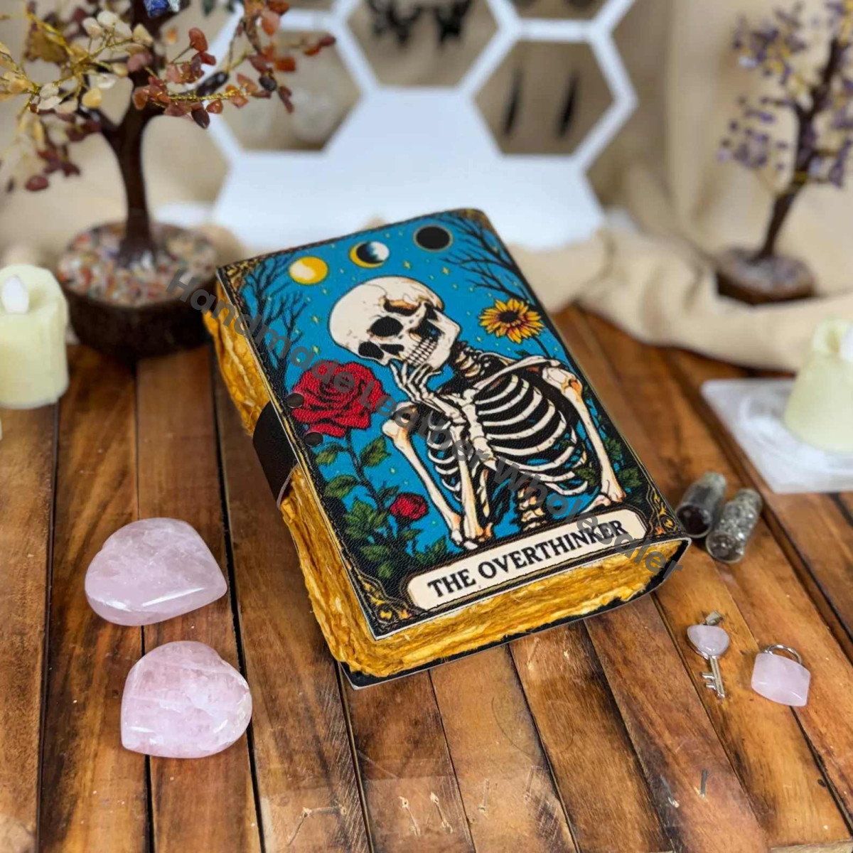Overthinker Grimoire Leather Journal - Gothic Tarot Notebook -Blank Spell Book of shadows Handmade Sketchbook Witchy Journal