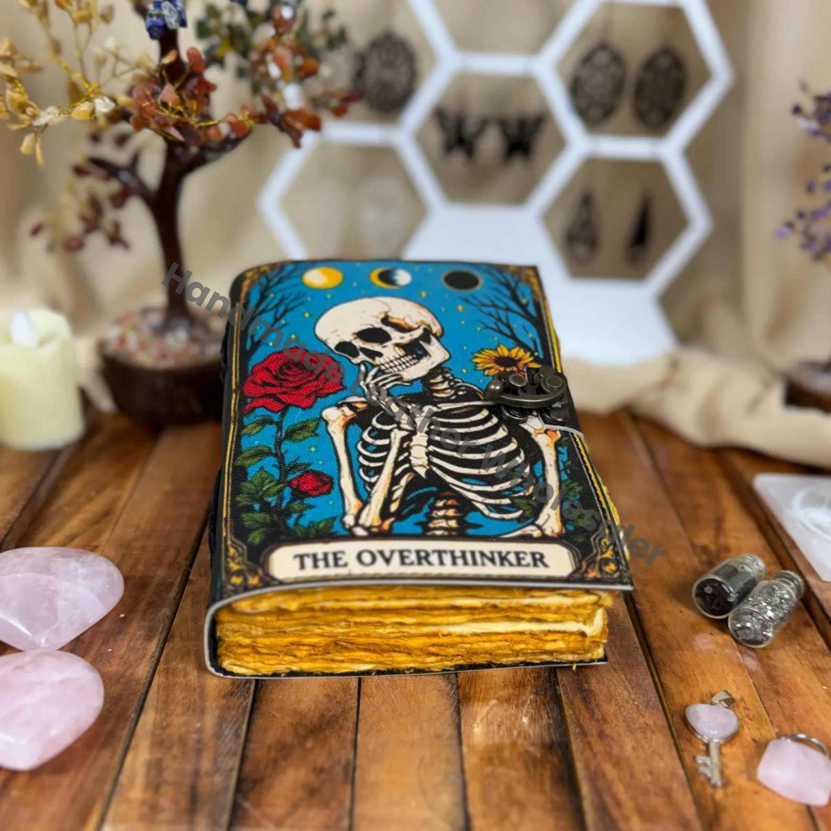 Overthinker Grimoire Leather Journal - Gothic Tarot Notebook -Blank Spell Book of shadows Handmade Sketchbook Witchy Journal