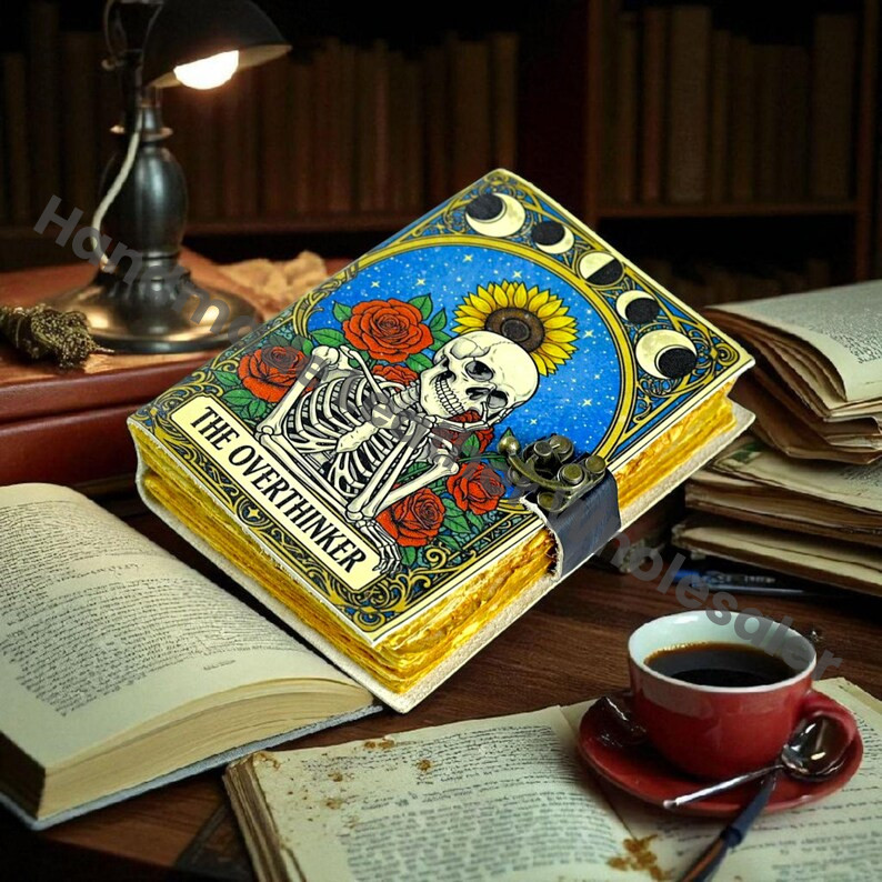 Overthinker Leather Journal: Gothic Skeleton, Roses & Moon Phases