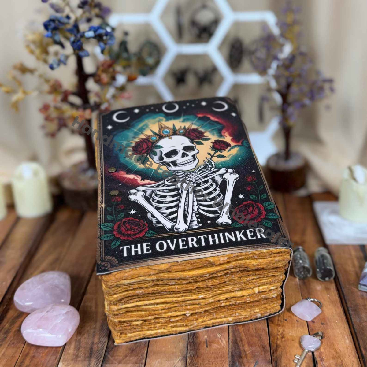 Overthinker Leather Journal – Skeleton Notebook, Witchy Journal, Vintage Handmade Grimoire