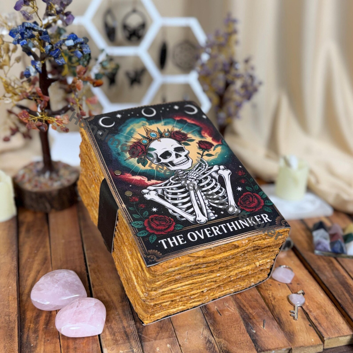 Overthinker Leather Journal – Skeleton Notebook, Witchy Journal, Vintage Handmade Grimoire