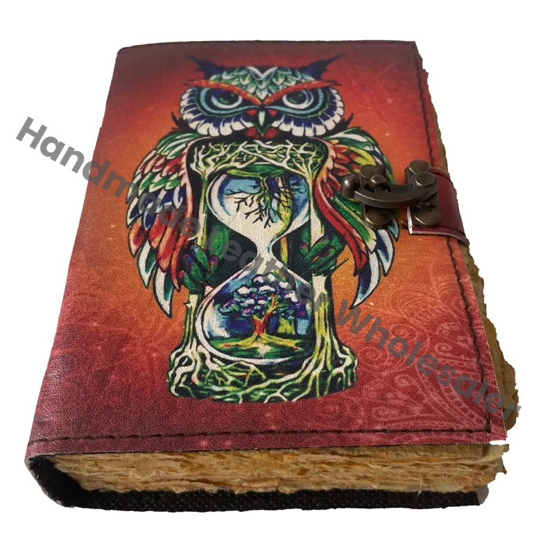 Owl Design Handmade Leather Printed Journal Deckle Edge Vintage Paper Sketchbook Clasp Made Unique Design Cover Diary Gift