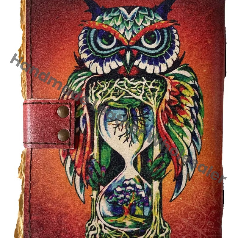 Owl Design Handmade Leather Printed Journal Deckle Edge Vintage Paper Sketchbook Clasp Made Unique Design Cover Diary Gift