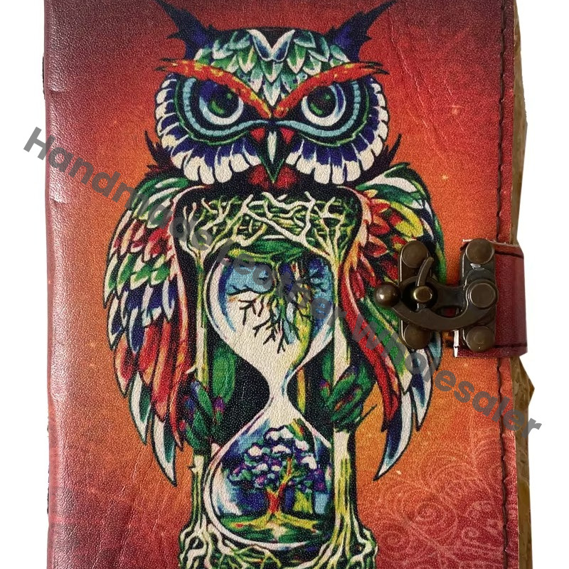Owl Design Handmade Leather Printed Journal Deckle Edge Vintage Paper Sketchbook Clasp Made Unique Design Cover Diary Gift