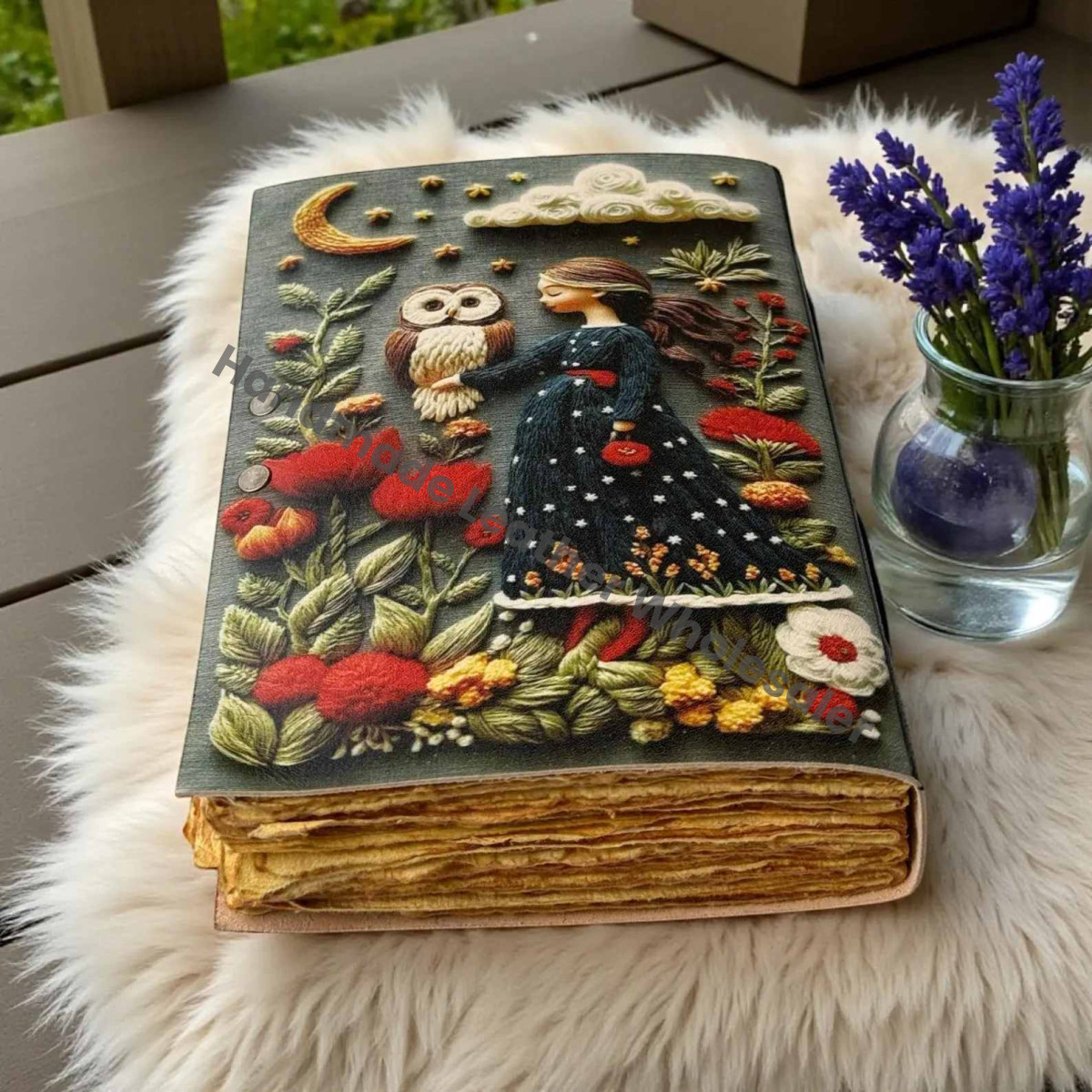 Owl & Girl Printed Art Journal – Moon Garden Fairy Tale Diary | Floral Illustration Notebook | Aesthetic Journal