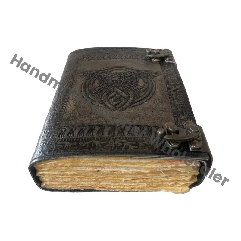 OWL Leather Journal Antique Embossed Charcoal Book of Shadows Prop Handmade Vintage Paper Personal Organizer Gift for Him her