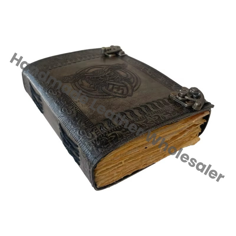 OWL Leather Journal Antique Embossed Charcoal Book of Shadows Prop Handmade Vintage Paper Personal Organizer Gift for Him her