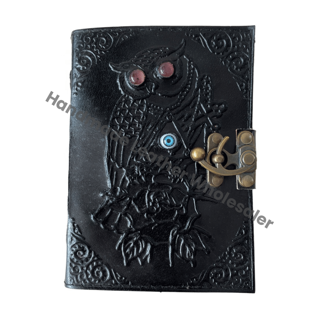 Owl Leather Journals Stone Pattern Vintage Leather Journal Black Spell Books Large Prayer Deckle Art Paper Notebooks Diary Gift