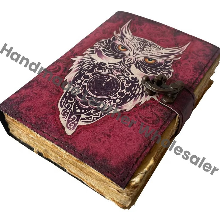 Owl Print Leather Journal Handmade Notebook with Owl Design Writing Journal Eco Leather Diary for Creative Writing
