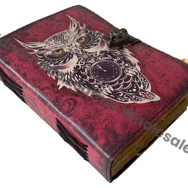Owl Print Leather Journal Handmade Notebook with Owl Design Writing Journal Eco Leather Diary for Creative Writing