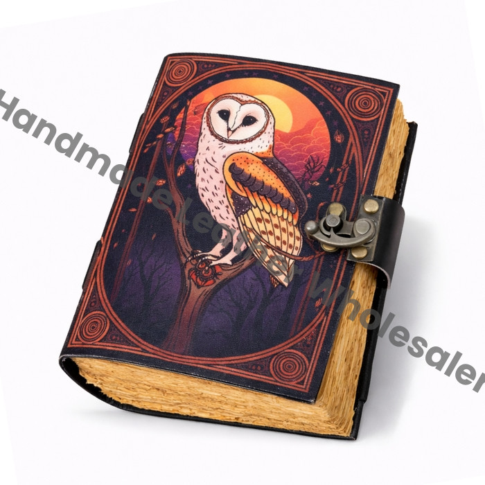 Owl Print Leather Journal: Vintage Grimoire, Deckle Edge Paper