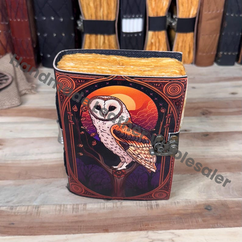 Owl Print Leather Journal: Vintage Grimoire, Deckle Edge Paper
