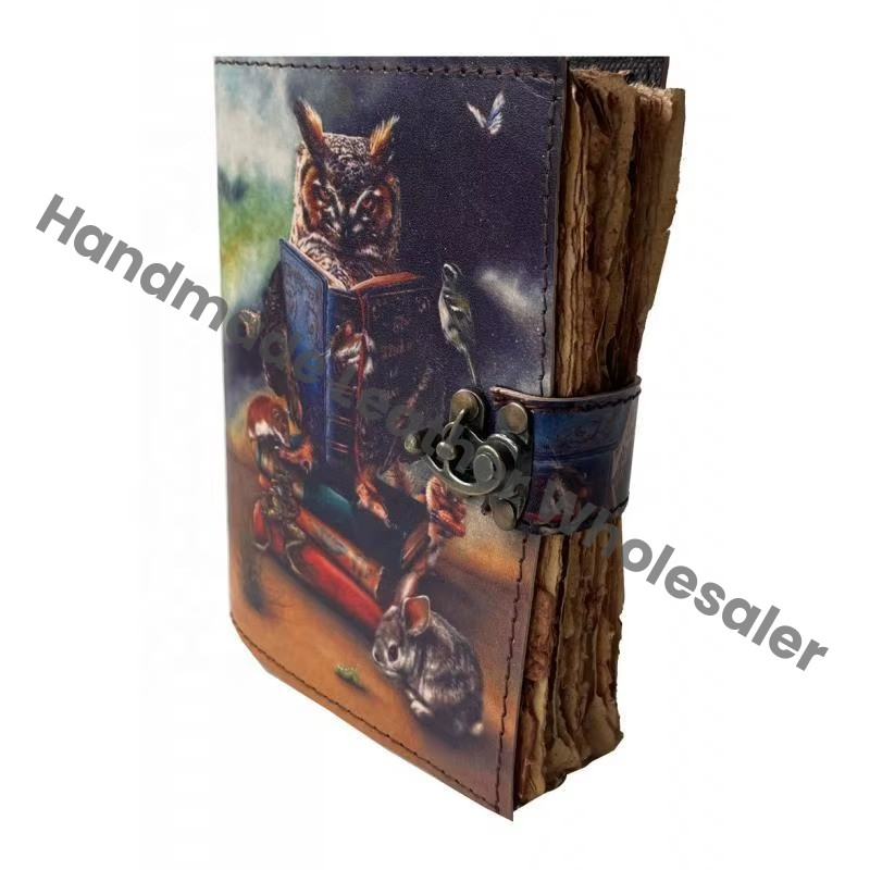 Owl Printed Vintage Spell Book Shadows Leather Journal Wholesaler Handmade Spiral Unisex Deckle Edge Paper Gift