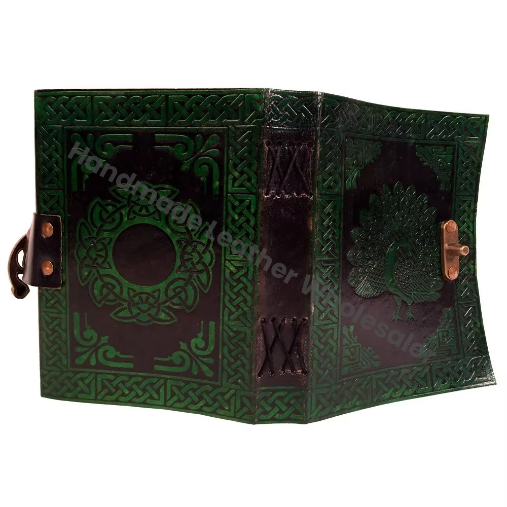 Peacock Leather Hardcover Spiral Binding Vintage Handmade Green Journal Large Sketchbook Custom Logo for Women Office Supplies