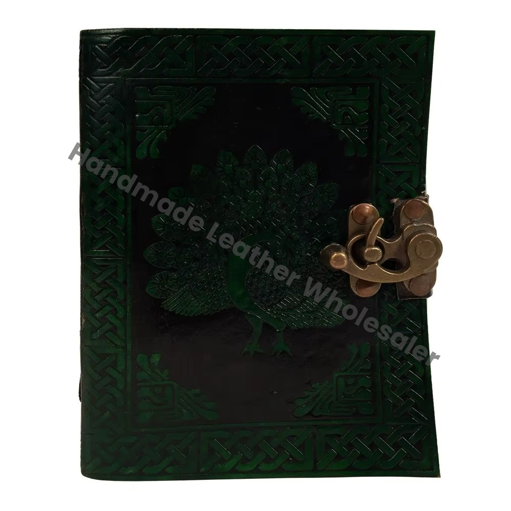 Peacock Leather Hardcover Spiral Binding Vintage Handmade Green Journal Large Sketchbook Custom Logo for Women Office Supplies