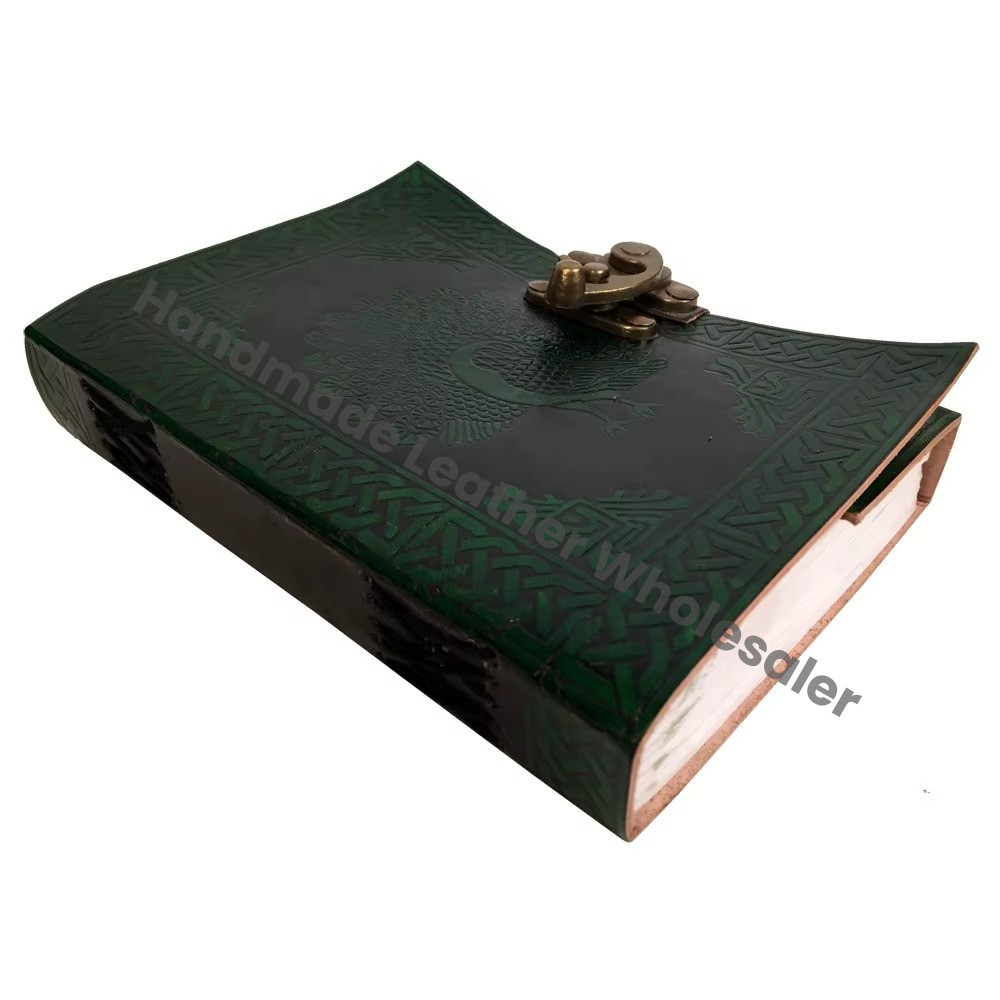 Peacock Leather Hardcover Spiral Binding Vintage Handmade Green Journal Large Sketchbook Custom Logo for Women Office Supplies